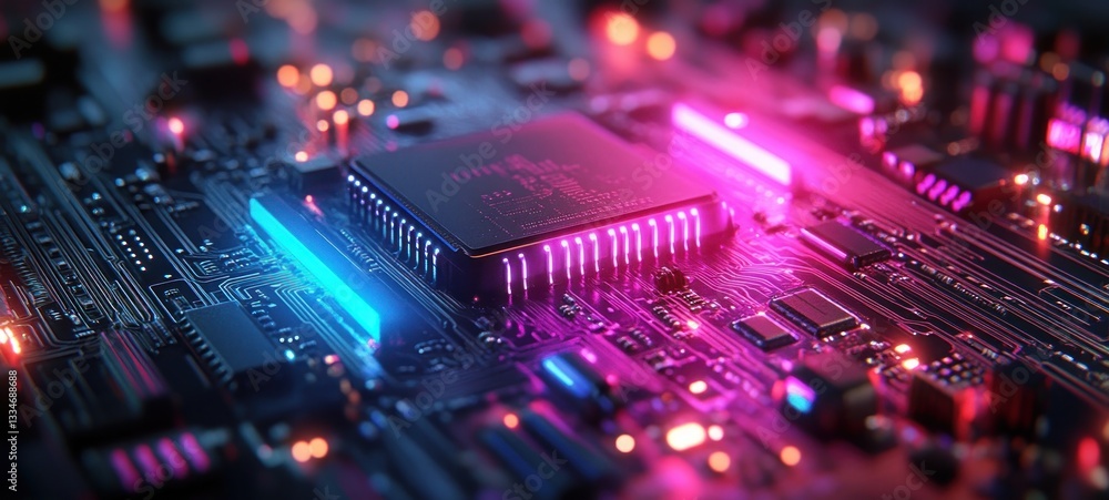 Aufkleber futuristic digital circuit board design symmetrical composition with neon blue and purple accents fo