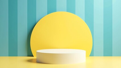 Minimalist Display Setup with Yellow Circle and Blue Striped Background