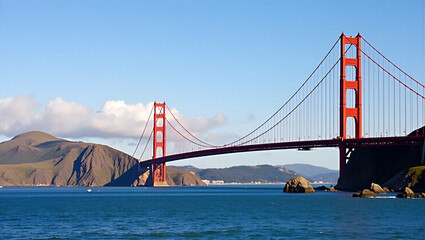 Obraz premium Explore the Stunning Flat Vector Illustration of the Iconic Golden Gate Bridge in San Francisco, USA - A Beautiful Depiction of Urban Landscape and Architectural Marvel in Travel Photography.