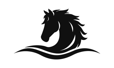 Horse logo template. Black and white silhouette of a horse head with a graceful mane. Elegant minimalist logo for branding, design and printing