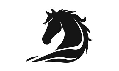 Horse logo template. Black and white silhouette of a horse head with a graceful mane. Elegant minimalist logo for branding, design and printing