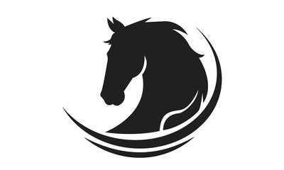 Horse logo template. Black and white silhouette of a horse head with a graceful mane. Elegant minimalist logo for branding, design and printing