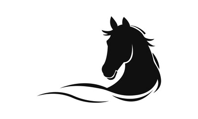 Horse logo template. Black and white silhouette of a horse head with a graceful mane. Elegant minimalist logo for branding, design and printing
