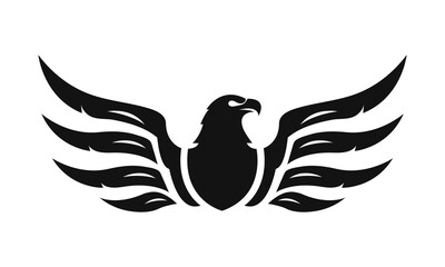 Eagle logo template. Black and white silhouette of an eagle with spread wings. Symmetrical and stylish logo, perfect for branding and emblems