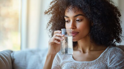 A woman enjoys a glass of water while seated in a cozy environment.