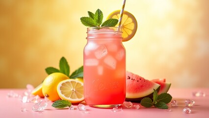 Refreshing Summer Drink with Lemon and Watermelon on a Bright Background