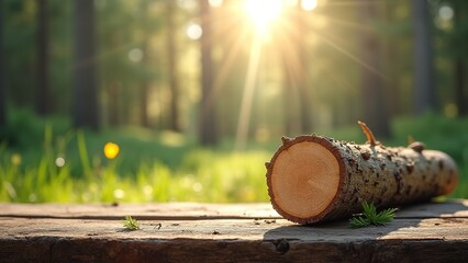 Sunlight Streaming Through Forest with Log on Ground in Focus
