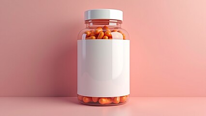 Transparent jar with orange pills on a soft pink background