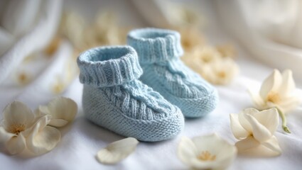 Obraz premium Delicate knitted baby booties in light blue surrounded by flower petals and soft lights