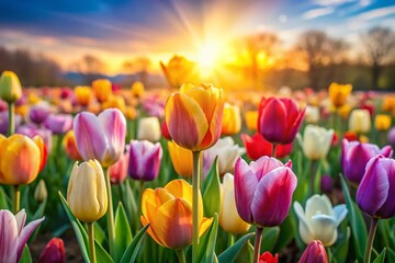 Spring Warmth: Vibrant Tulips in a Sunlit Garden