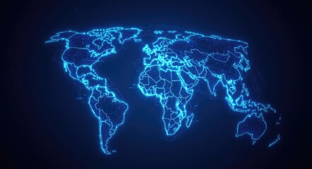 Futuristic Neon Atlas. Glowing Outline of World Map Featuring Creative Light Effects, Showcasing Continents and Capitals in Abstract Blue Background