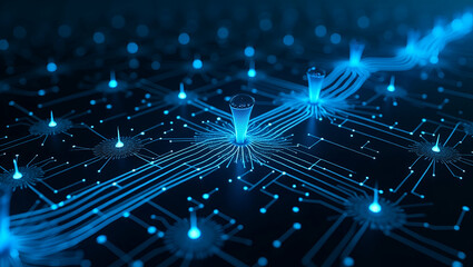 Obraz premium Futuristic Digital Mesh Pattern: Seamless Flat Design of Modular Circuit Nodes and Radiant Data Highways for Smart Business Connectivity in a Tiled Layout