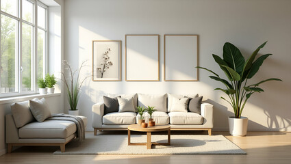 Flat The living room is decorated with furniture small plant pots and picture frames creating cozy and stylish home environment concept as Cozy living room decorated with furniture small plant pots an