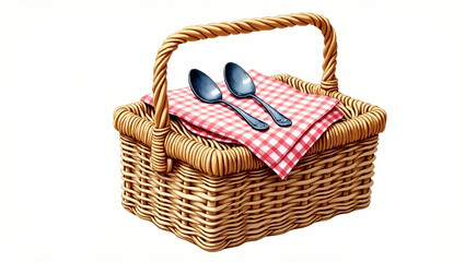 Cozy Outdoor Dining Setup: Watercolor Illustration of Wicker Picnic Basket with Red and White Checkered Napkin, Letter, and Spoons - Perfect for Stock Photo Use