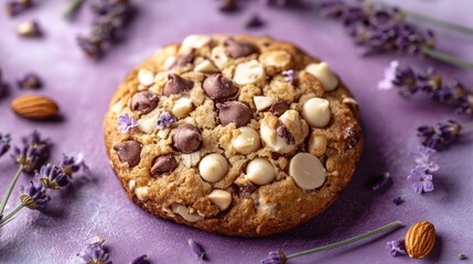 Golden cookie nestled amongst fragrant lavender and a rustic nut. Sweet indulgence on a vibrant purple backdrop