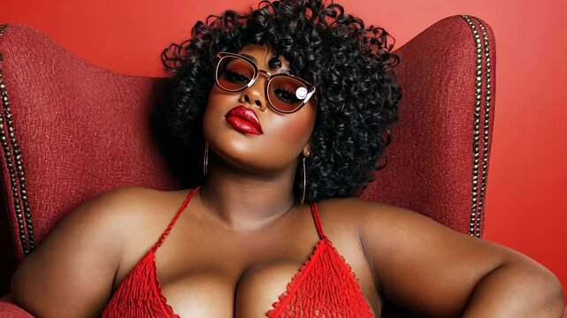 Curvy model poses confidently in a red outfit against a bold red backdrop in a stylish setting