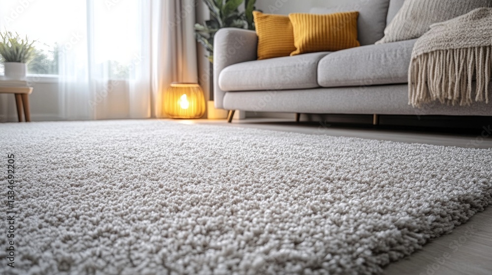 Aufkleber soft fibers of a plush carpet spread across the floor, while a stylish sofa adorned with mustard cus