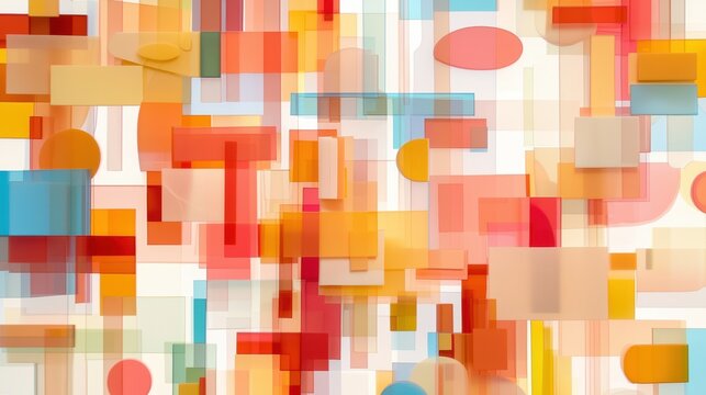 A vibrant abstract composition of overlapping geometric shapes in warm hues of orange, pink, and yellow.