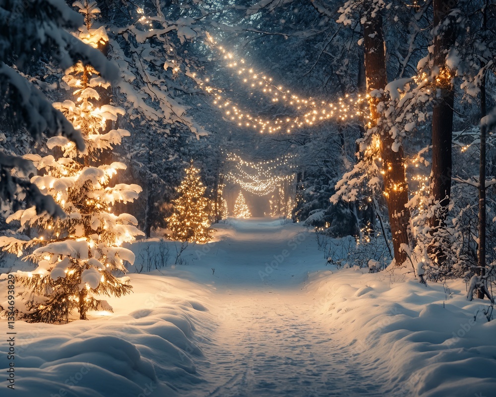 Poster snow-covered path with illuminated trees and string lights
