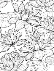 Elegant seamless pattern of water lilies and lily pads in detailed black and white line art, perfect for coloring pages, textile prints, and botanical backgrounds