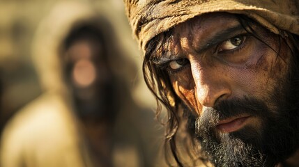 Portrait of Barabbas, the robber and murderer, with intense expression. Representation of Barabbas in a drama from biblical history.