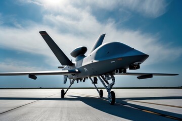 Side view of an unmanned aerial vehicle parked on a runway with a clear blue sky and sun