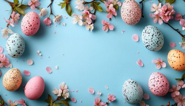 Colorful easter eggs on blue floral background