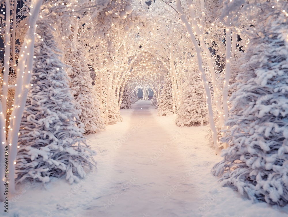 Poster snow-covered pathway with string lights and evergreen trees