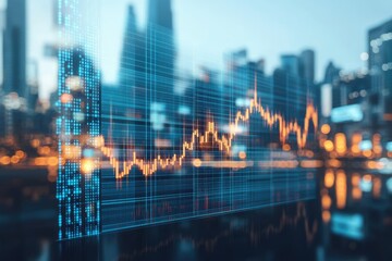 Financial market data overlaying city skyline.  Dynamic stock market trends visible in the graph