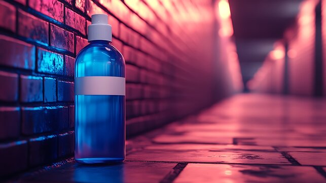 Blue bottle in neon-lit alley.