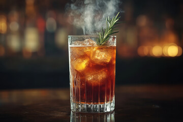 Cocktail on the rocks with rosemary garnish.