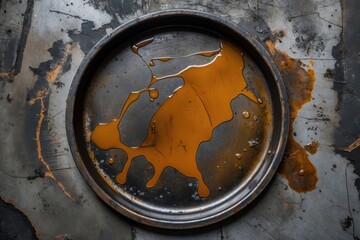 Close-up of a dark circular tray with spilled brown liquid creating abstract patterns