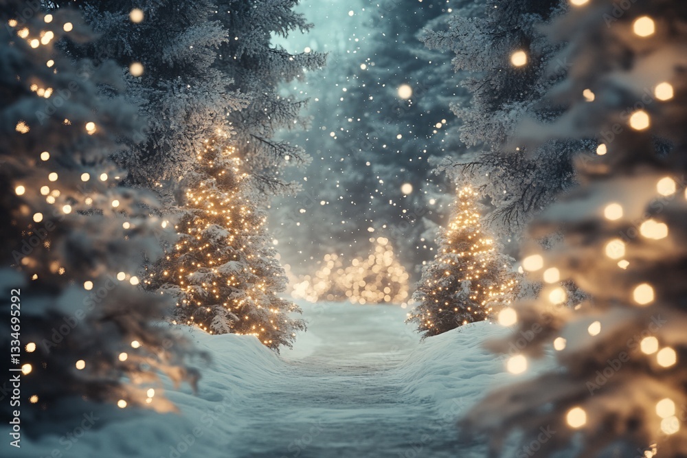 Poster snow-covered trees with string lights and snowfall