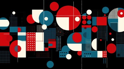 Obraz premium A vibrant abstract composition of geometric shapes in red, blue, and white, set against a black background.