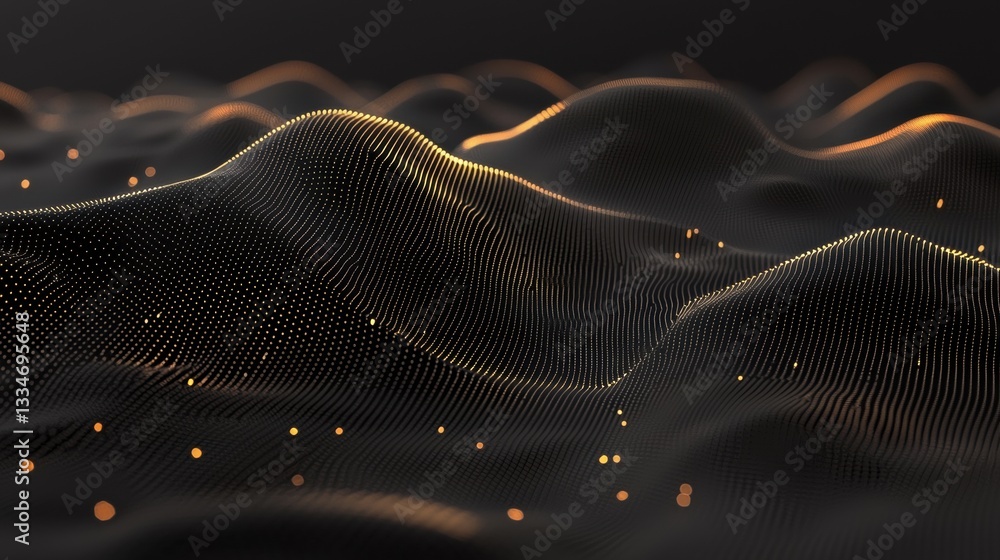 Poster a digital illustration of a wave-like pattern with gold dots and lines.