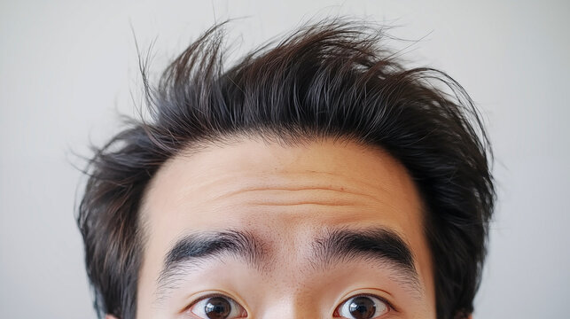 髪が乱れた若い男性の驚いた表情