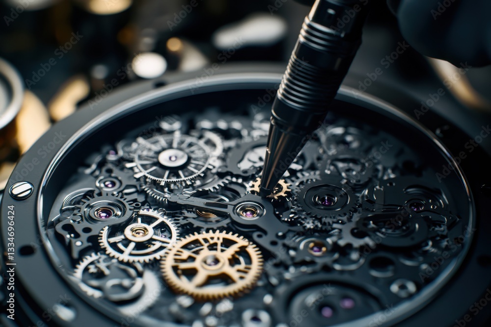 Poster crafting precision with watch gears and tools in a workshop setting