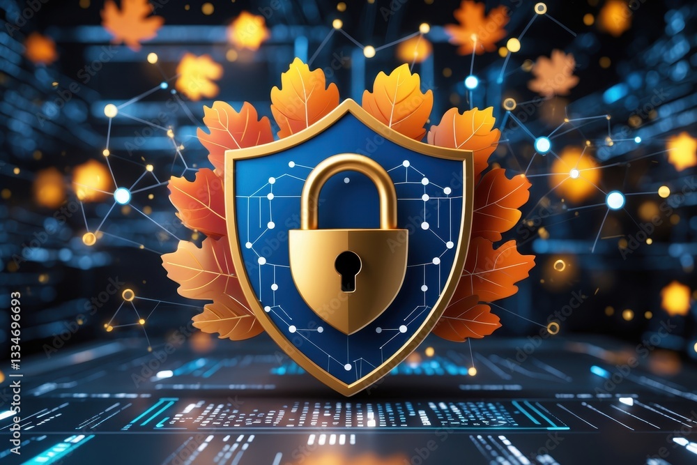 Poster a digital shield with a lock surrounded by autumn leaves symbolizing cybersecurity and protection