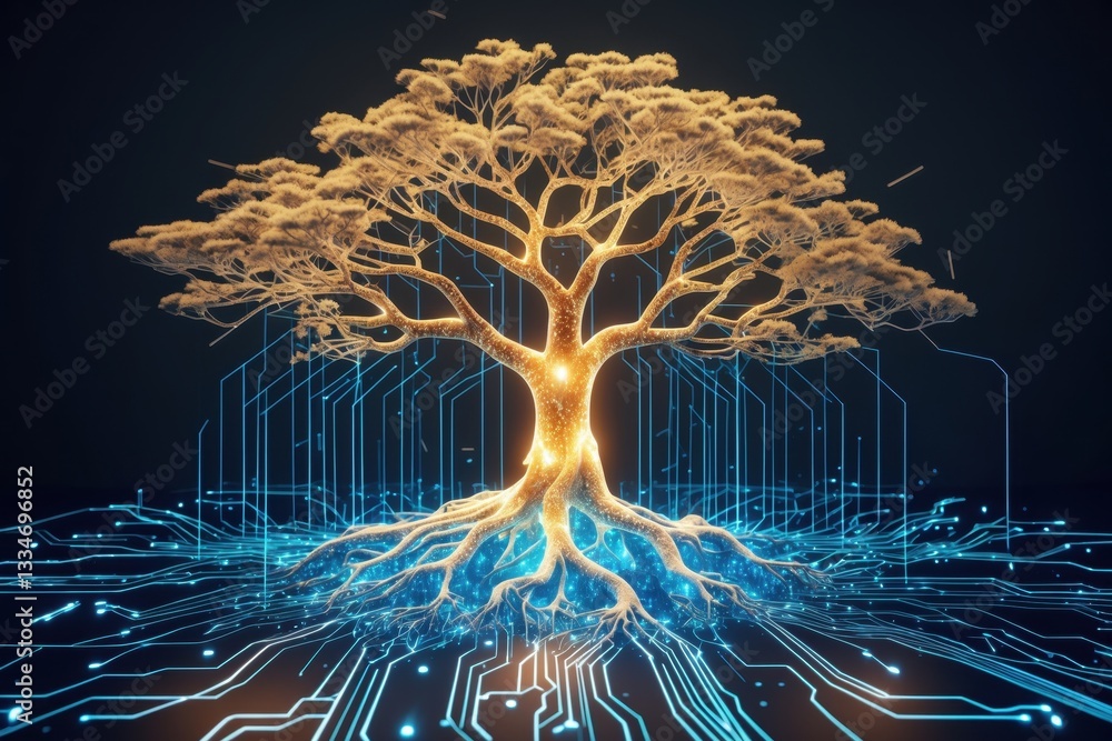 Aufkleber a digitally rendered tree with luminous branches and roots, set against a dark background. the roots