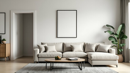 Sofa arranged in room with picture frame on wall highlighting comfortable and stylish home living space. concept as Sofa arranged in room with picture frame on wall highlighting comfortable and stylis