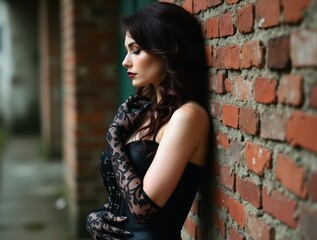 Fototapeta premium Gothic woman wearing corset and lace gloves leaning against brick wall