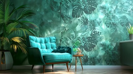 Obraz premium Elegant turquoise armchair nestled in a lush interior setting with tropical leaf wallpaper and natural light creating a serene and inviting atmosphere