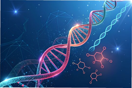 Genetic Revolution – 3D DNA helices surrounded by digital interfaces and molecular structures. Bright neon accents on a deep blue background. - Powered by Adobe