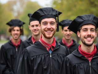 Fototapeta premium Group of happy graduating students wearing gowns and caps smiling