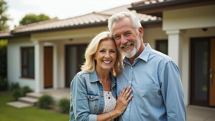 Happy smiling mature older family couple new property buyers modern dream luxury villa owners standing outside house affectionate senior middle aged man and woman in love hugging outdoor portrait. con