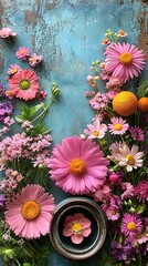 Beautiful pink and purple flowers arranged on a textured blue surface