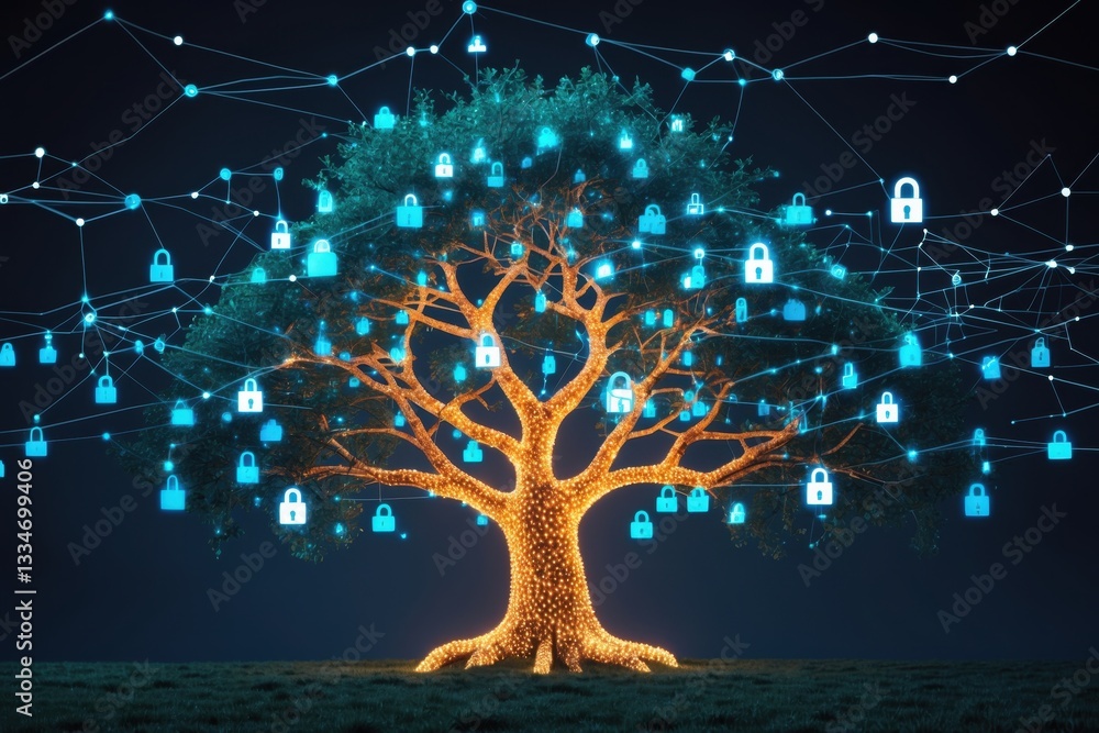 Poster a visually captivating tree illuminated with glowing lights, surrounded by digital locks representin