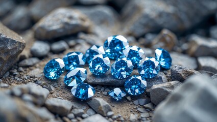 a close up of a bunch of blue diamonds on a pile of rocks.