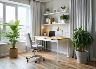 Fototapeta premium Stylish Home Office Workspace: White Table, Computer, Bookshelf, Plant, and Natural Light