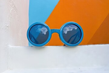 Stylish blue round sunglasses resting on a white ledge against a vibrant background